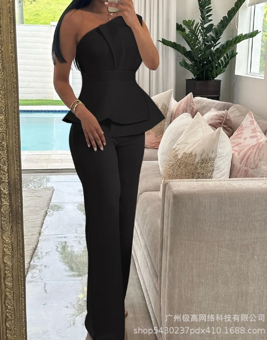 Elegant Two Pieces Set for Women 2024 Sleeveless Diagonal Collar One Shoulder Ruched Top & High Waist Straight Leg Pants Set women s temperament commuting two piece set v neck buttoned pocket cutout sleeveless tank top and ruched straight leg pants set