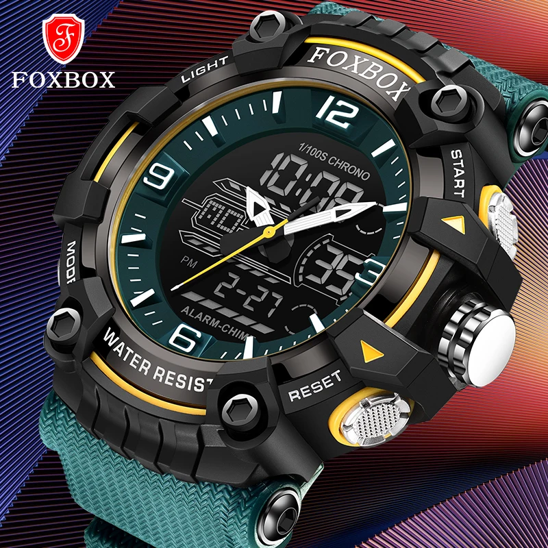 FOXBOX Men Military Watches Silicone Strap Waterproof Wristwatch Casual Sport Chronograph Alarm Digital Clock Relogio Masculino