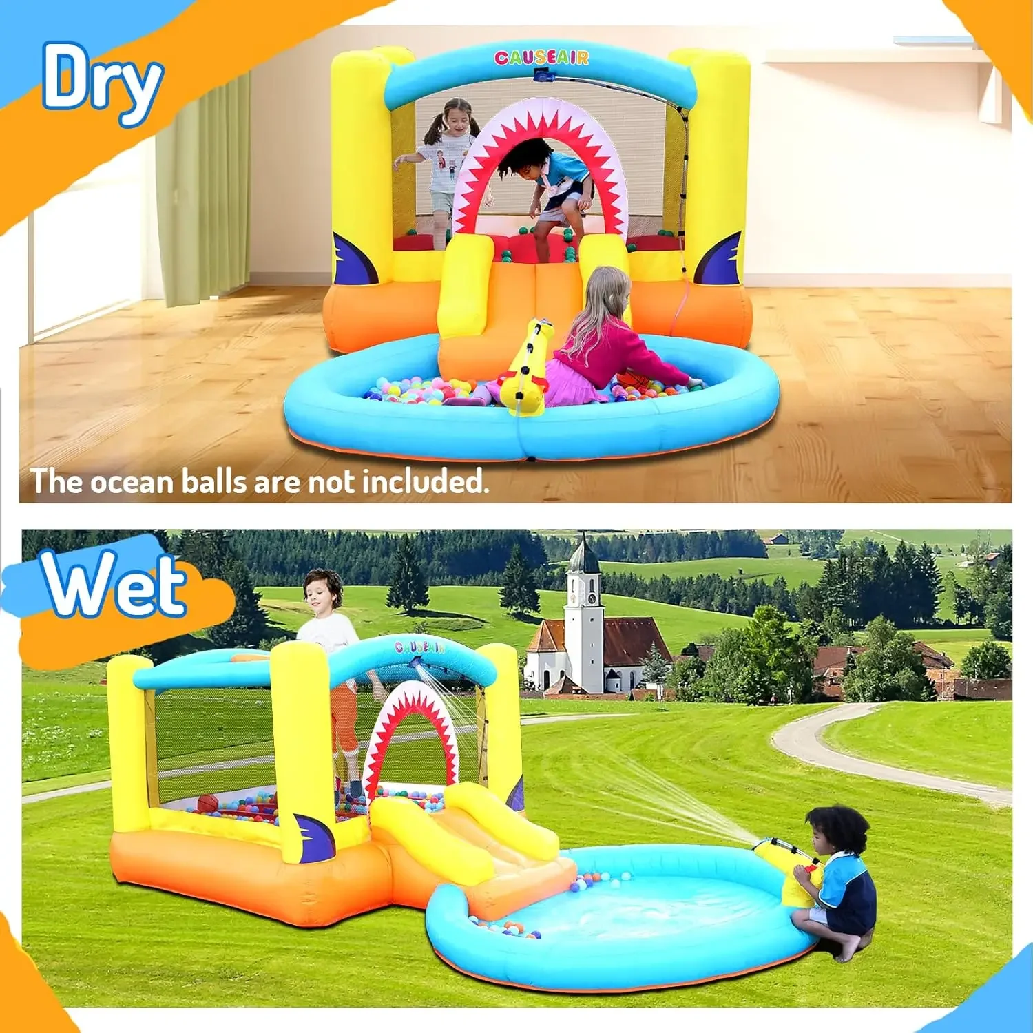 Bounce House with Ball Pit & Water Slide,Wet & Dry Use,Water Spray Gun,Basketball Hoop,Bouncy House for Toddler Kids