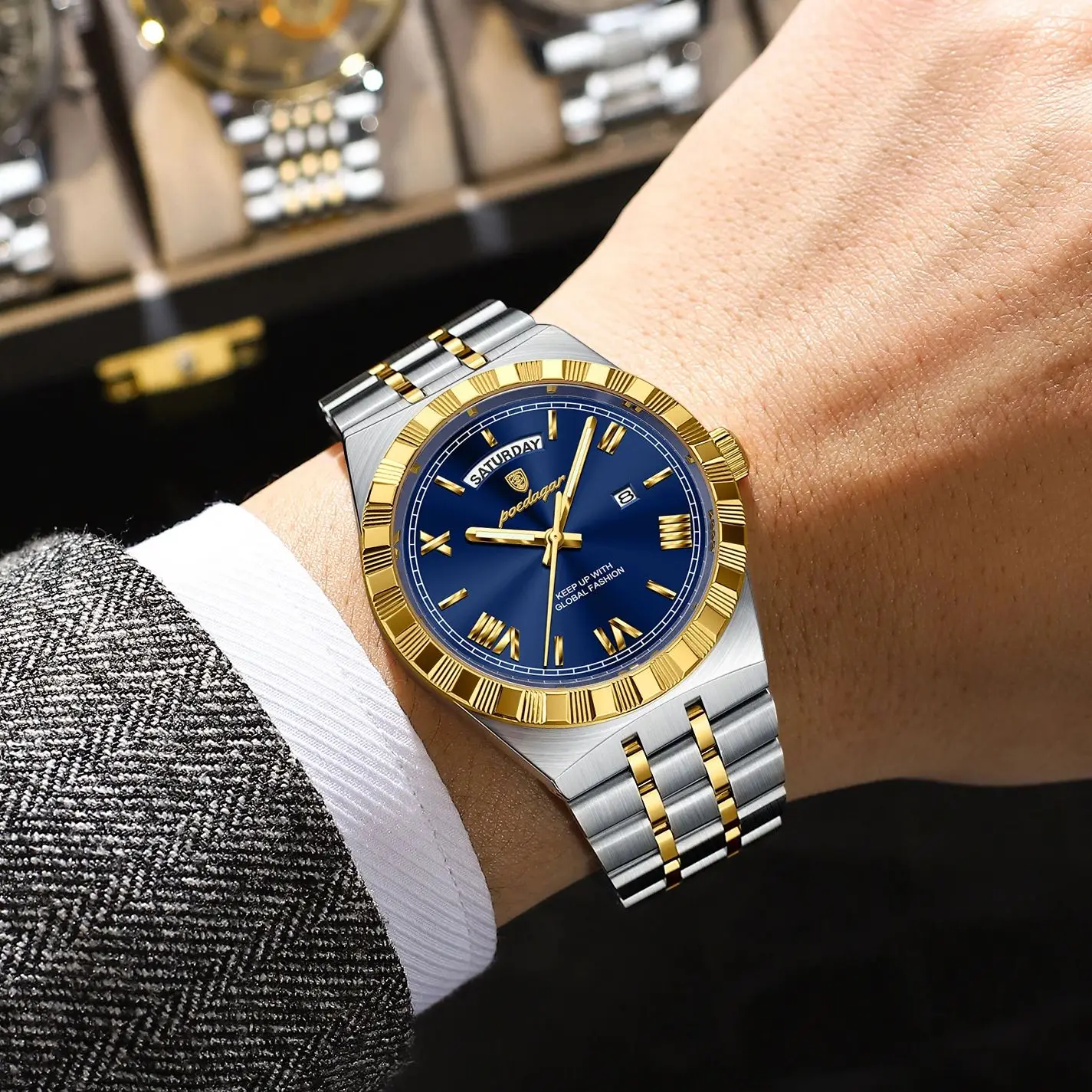 POEDAGAR موضة ساعات للرجال تاريخ الأسبوع مقاوم للم...