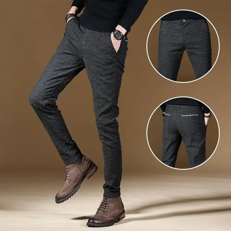 thumbnail image 1 of Pantalones de traje de cuadros escoceses para hombre, de negocios, con corte entallado, elásticos, elegantes y con estilo, para verano, 1 of 5