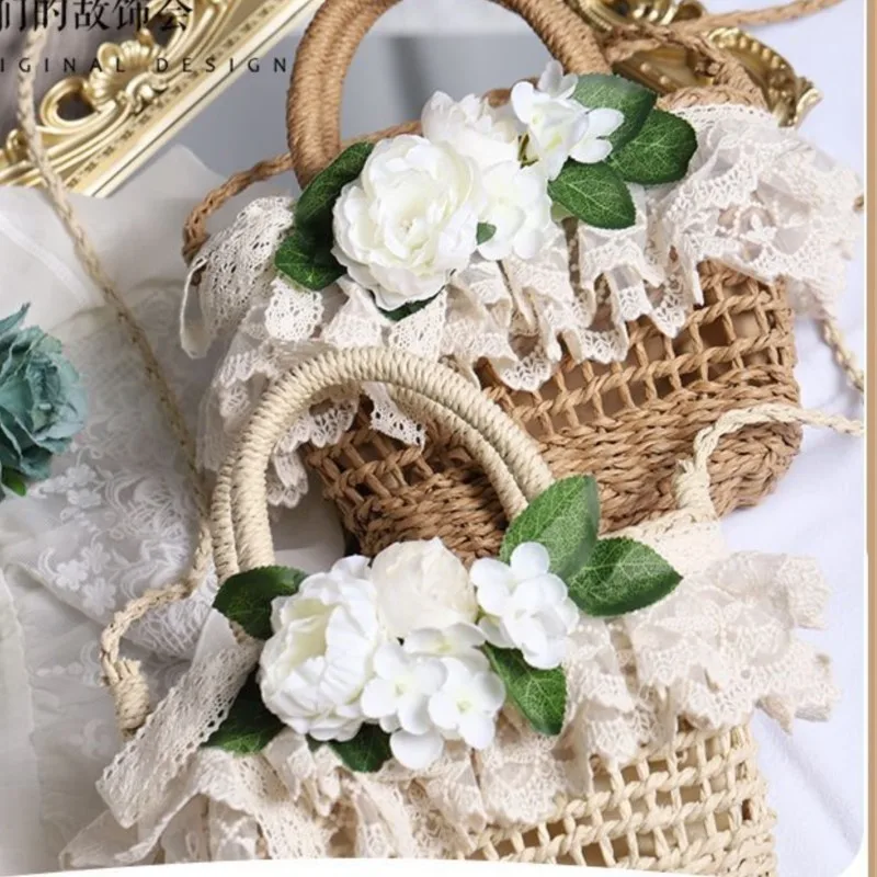 JIAERDI Fairycore Flower Woven Bag Women 2025 New Vacation Sea Lolita Straw Bags Female Travel Hollow Out Beach Bag Aesthetic