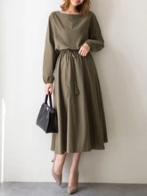 

Western Style Women Dress 2022 Spring New Long Sleeve Solid Color Round Neck Slim High Waist Pullover Fall A-line Lady Dress