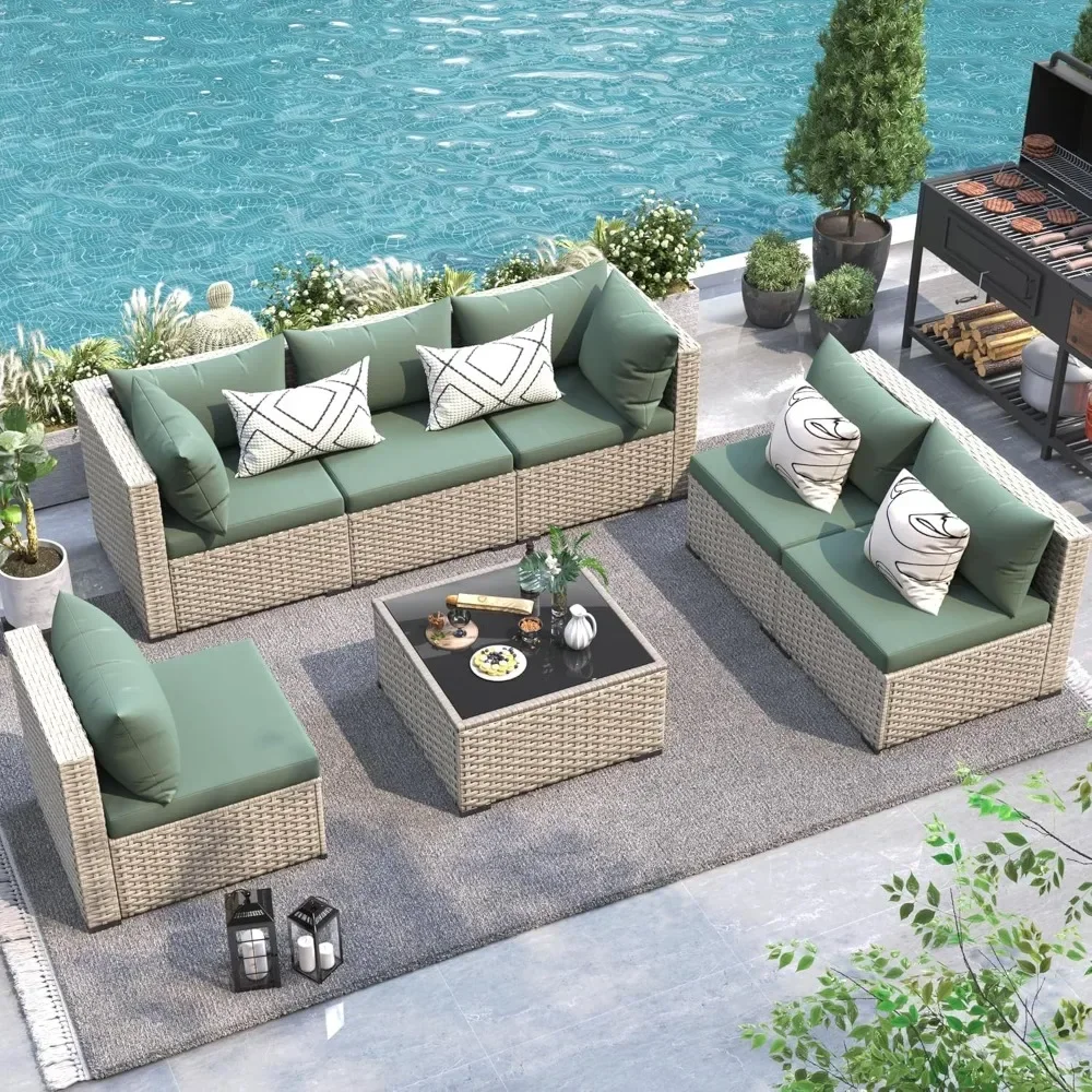 Patio Furniture Set Outdoor Modular Sectional Sofa Set 7 Piece Wicker Rattan Conversation Patio Couch for Porch Garden