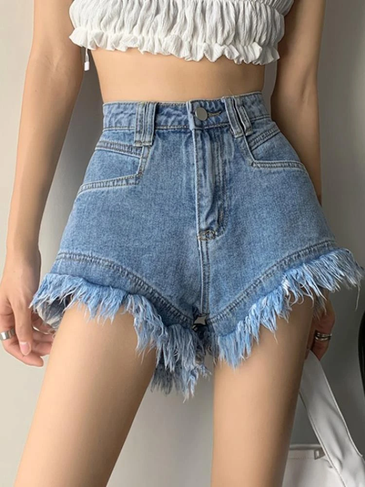 dolphin shorts 2022 High Waist Denim Shorts Women's Summer New Design Loose Wide Leg A-shaped Tassel Short Jeans Feminino short shorts