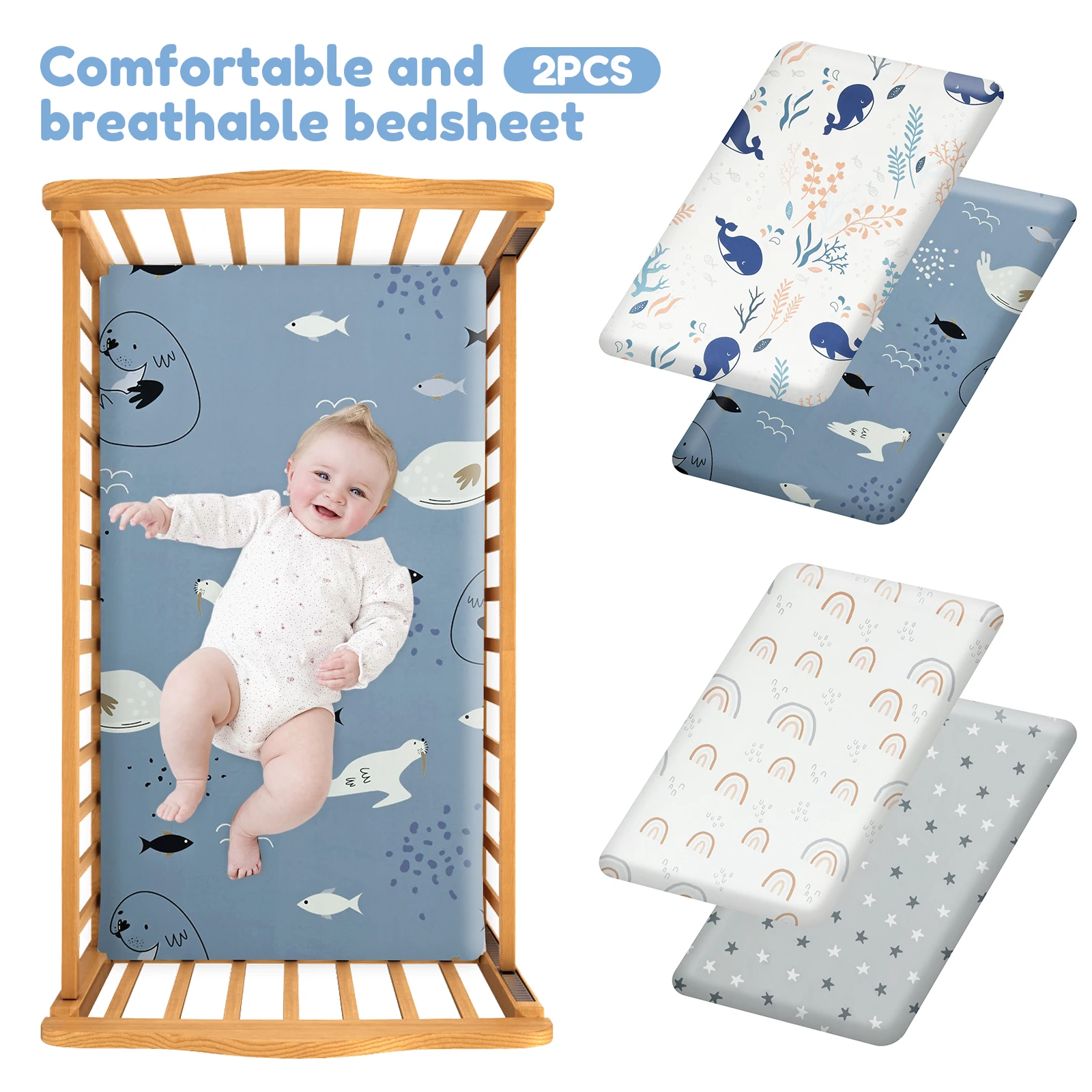 2Pcs Baby Fitted Sheets 120x60cm Elastic Microfiber Breathable Crib Sheet Comfortable Accessory