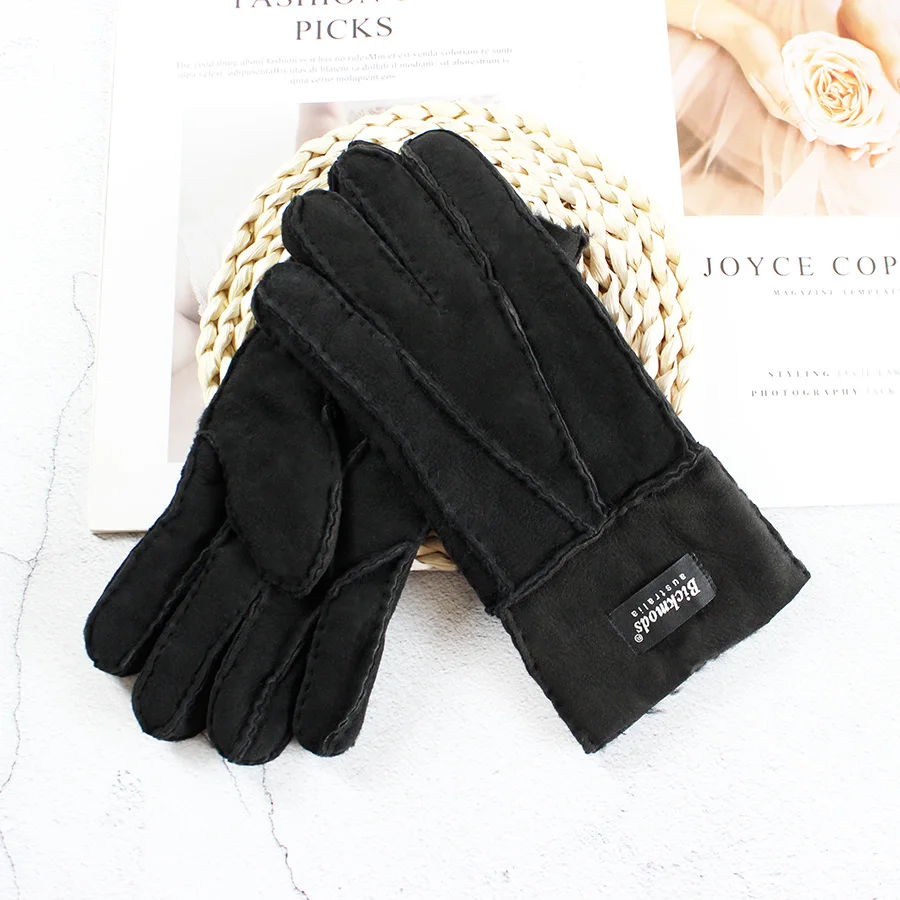 Winter Warm Sheepskin Fur Gloves Women's Leather Stitching Style Thickened Household Boy Motorcycle Riding Cold-Proof Finger