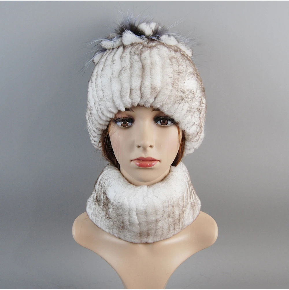 Real Rex Rabbit Fur Hat And Scarf Set Women Winter Knitted Beanie Hat Natural Fur Skullies Beanies Woman Hat Female Cap Elastic