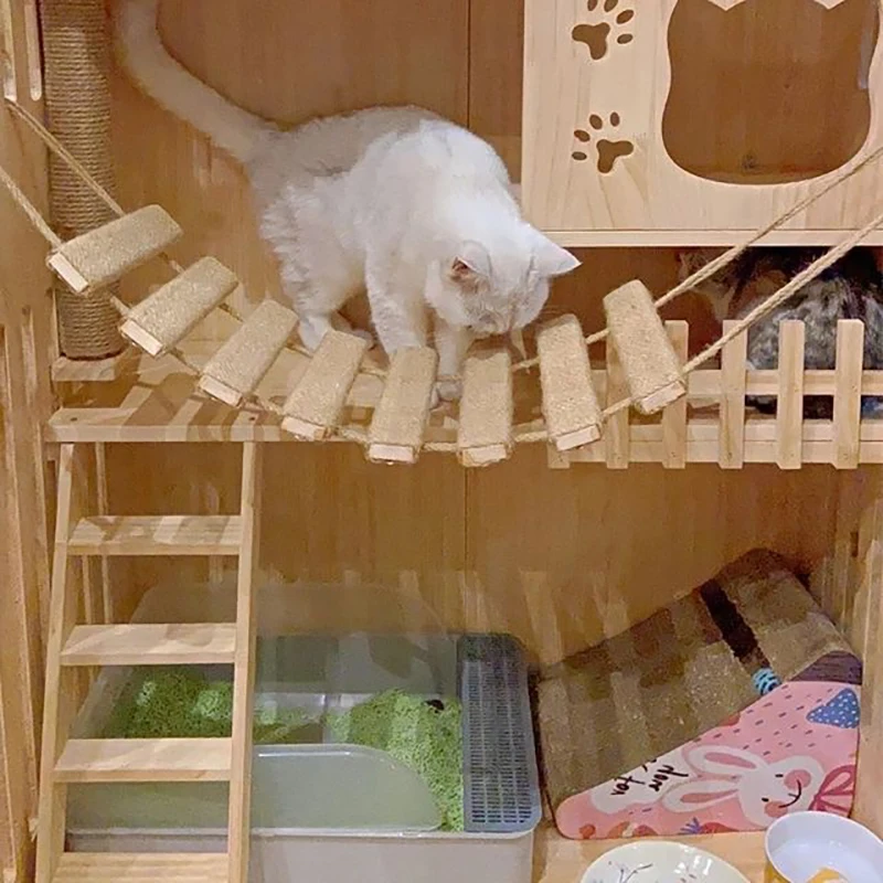 Puente de madera para gatos, escalera montada en la pared, cuerda de Sisal,  escalador, rascador, juguetes, muebles de actividades para gatitos