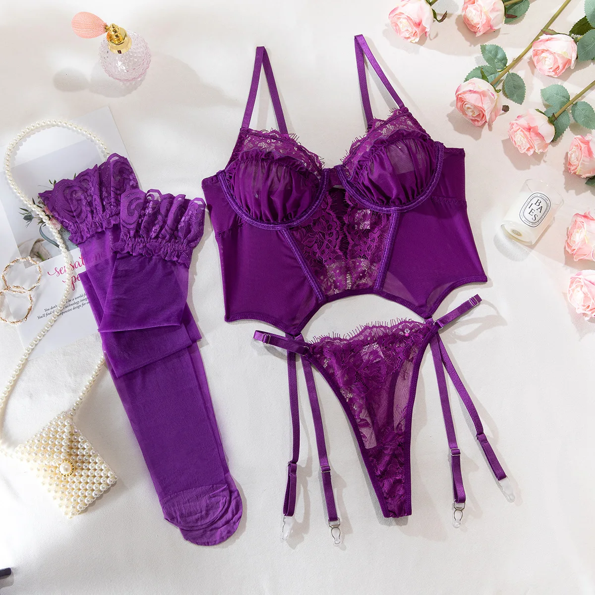 Sexy Lingerie Set Women Purple Cutout Corset Teddy Sheer Lace Garter Belt Stockings Exotic Seductive Outfit for Her