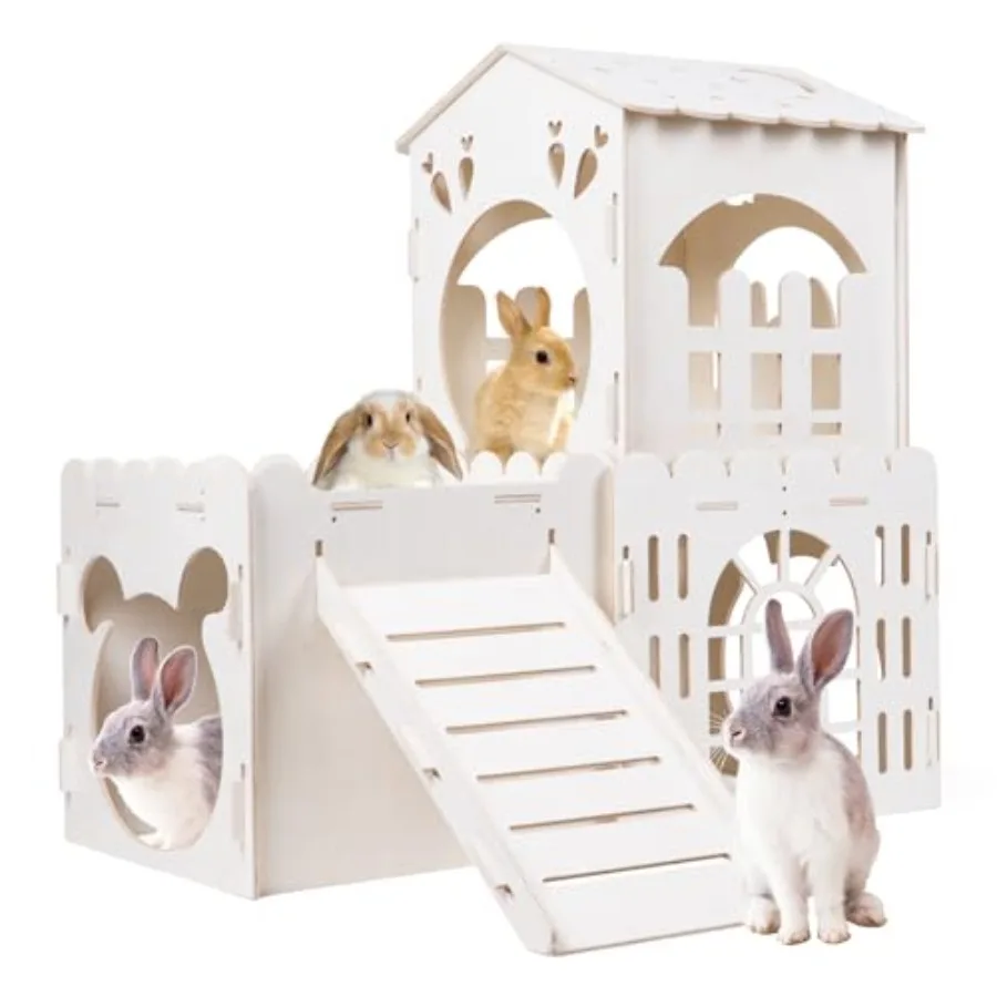 Large Rabbit House Wooden Bunny Castle with Indoor Rabbit Guinea Pig Cage Multistory Climbing Tower Sturdy Wooden Castle Small