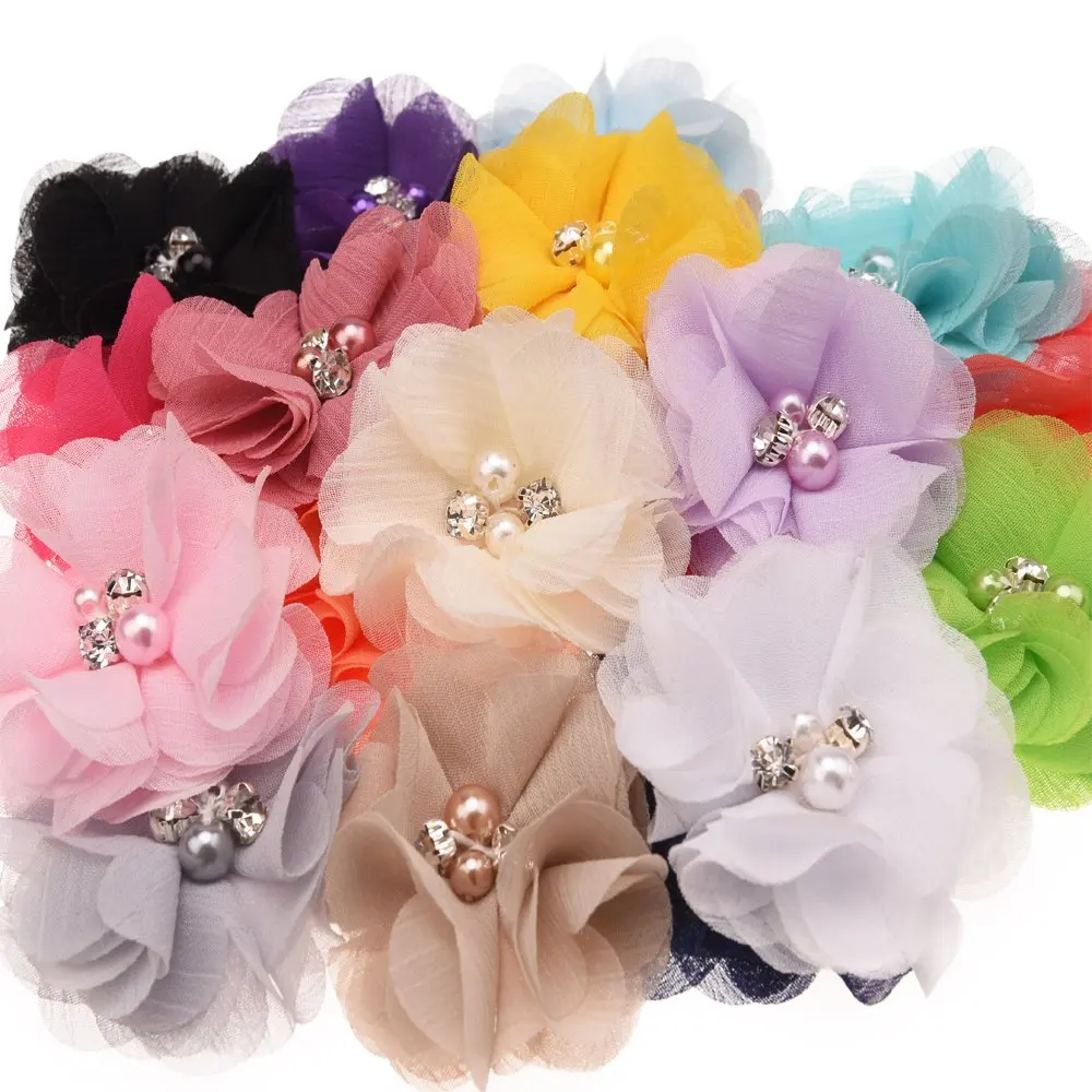 Hot 20~200 Pcs Chiffon Pearl Flowers Hair Accessories Christmas Headbands Lot 2" 