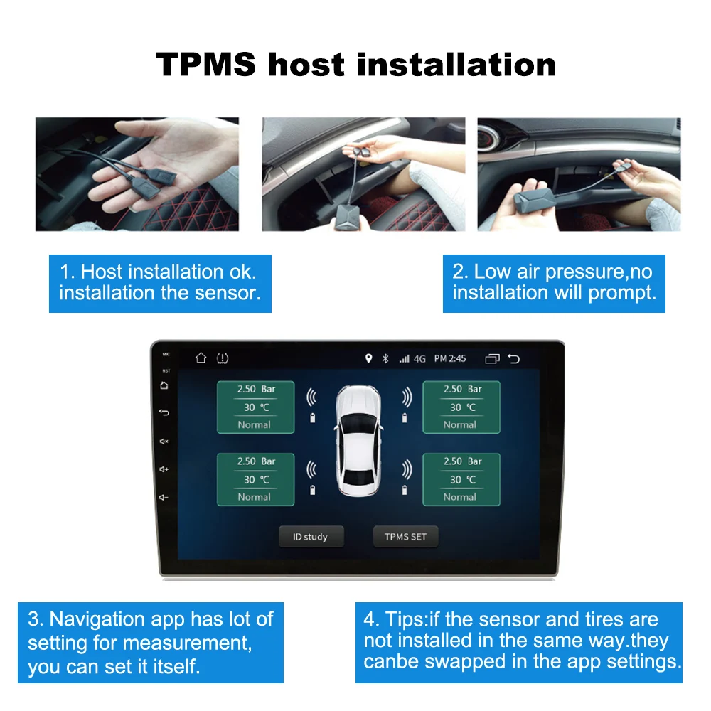 Wireless Tire Pressure Monitoring System with USB and 4 Sensors for Universal Compatibility