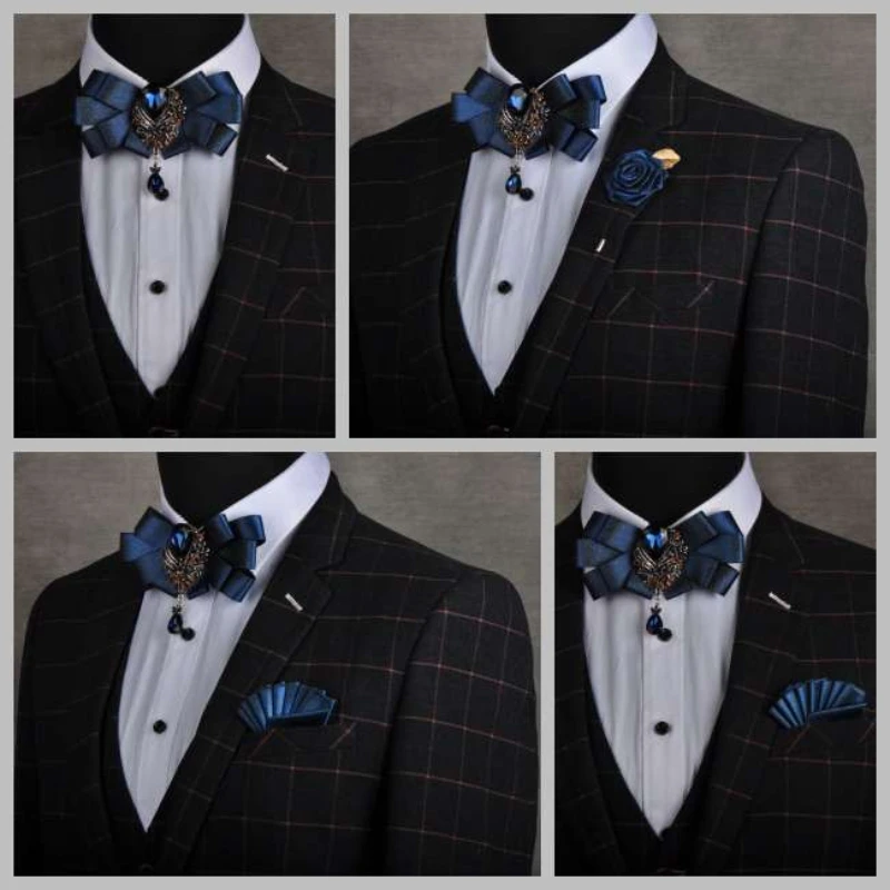 

Luxury Blue Rhinestones Wedding Bow Tie Men's Concert Accessories Women's Suit Shirt Collar Flower Corsage Sets Handmade Jewelry