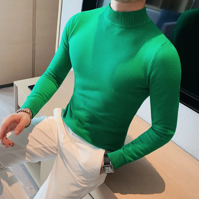 

14 Colors Winter Korean Version Solid Color Business Half High Neck Slim Knitwears Men Tight Casual Basic Warm Sweater Pullovers