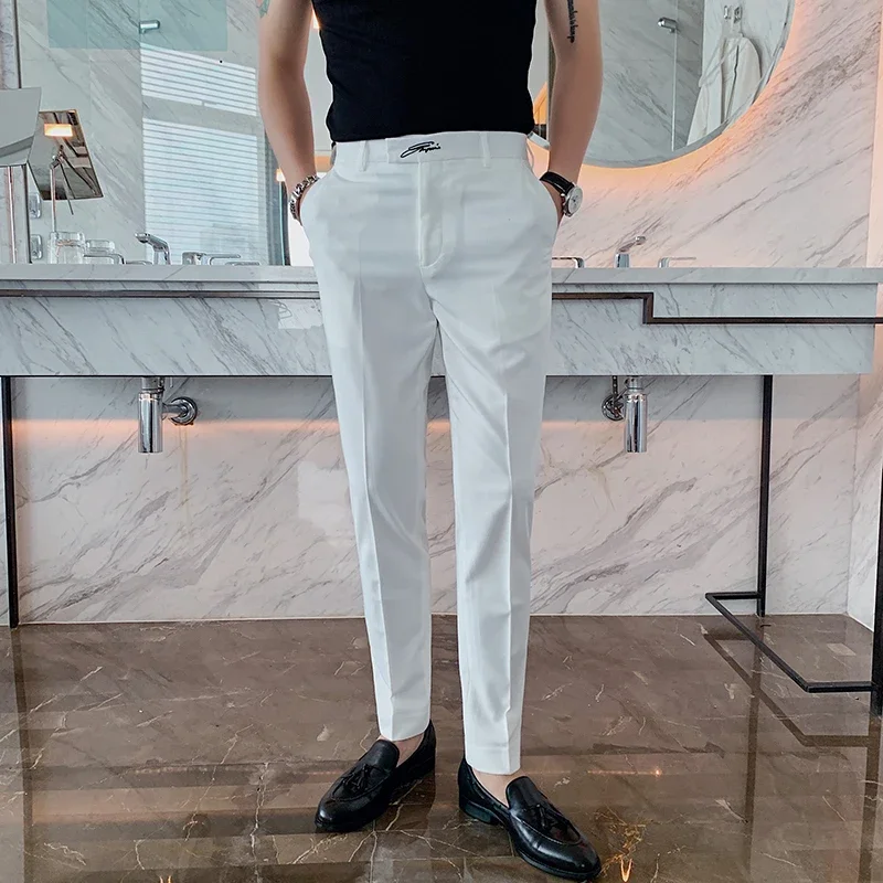 Black White Embroidered Business Formal Pants Men Korean Style Slim Office Social Suit Pants High Quality Streetwear Ankle Pants 2