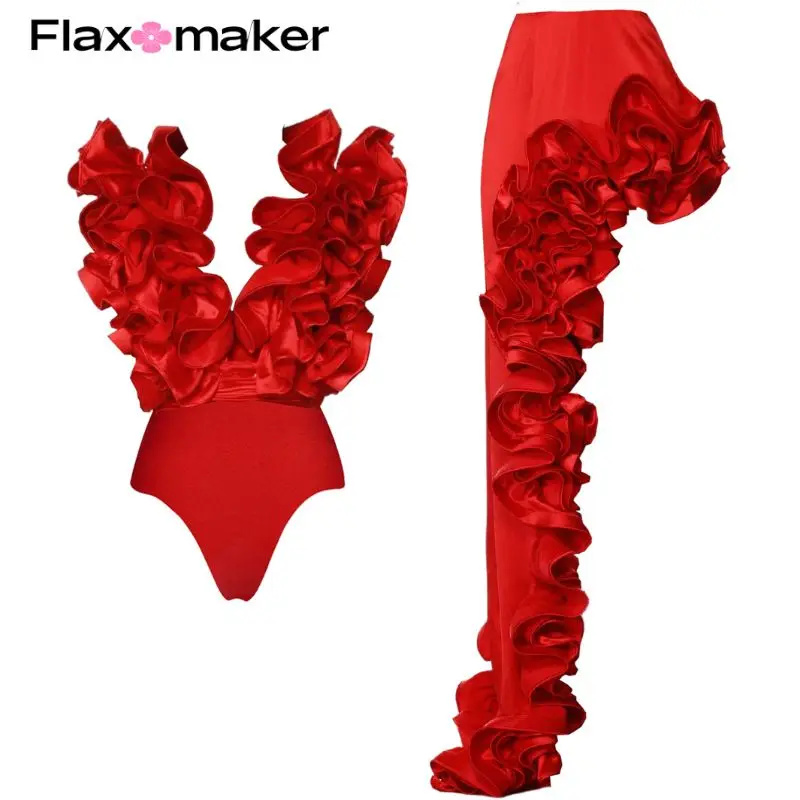 Flaxmaker 2024 3D Flower Ruffle One Piece Swimsuit and Skirt Summer Swimwear Women Beachwear Bathing Suit