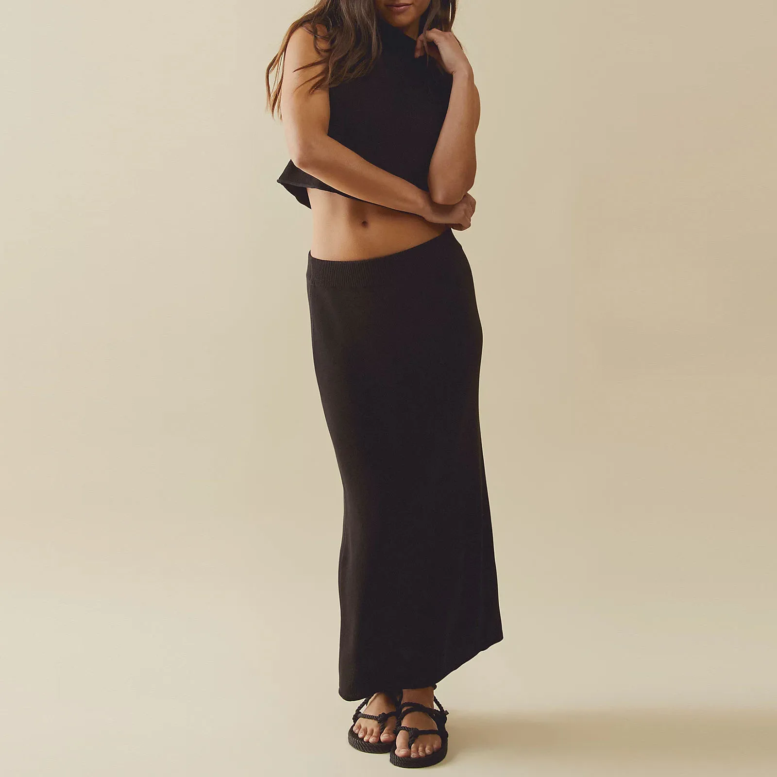 

Fashion Women’s 2 Piece Knit Outfits Sleeveless Mock Neck Tank Tops + Long Skirt Set Loungewear Beachwear