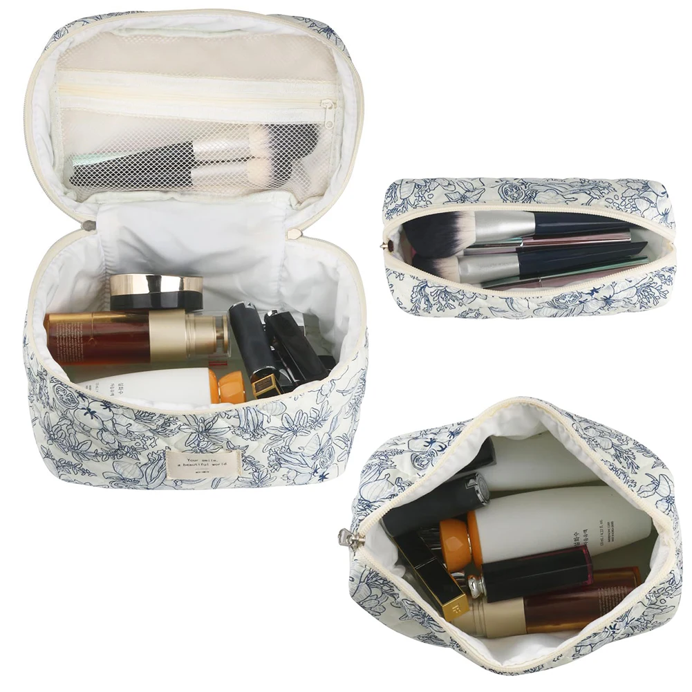 3pcs/set Storage Organizer Floral Quilted Makeup Bags Cotton Padded Cosmetic Bag Large Travel Toiletry Bag Women Zipper Wash Bag 5
