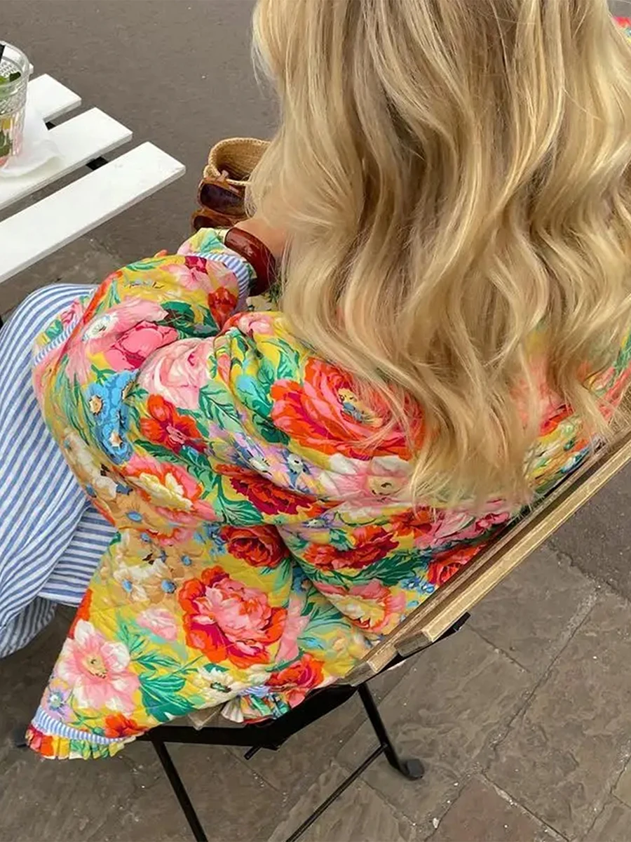 여성용 꽃 프린트 퀼트 재킷, 빈티지 단추 다운 루즈핏, 경량 퍼퍼 코트, 보호 플라워 오픈 프론트 패딩 아우터 