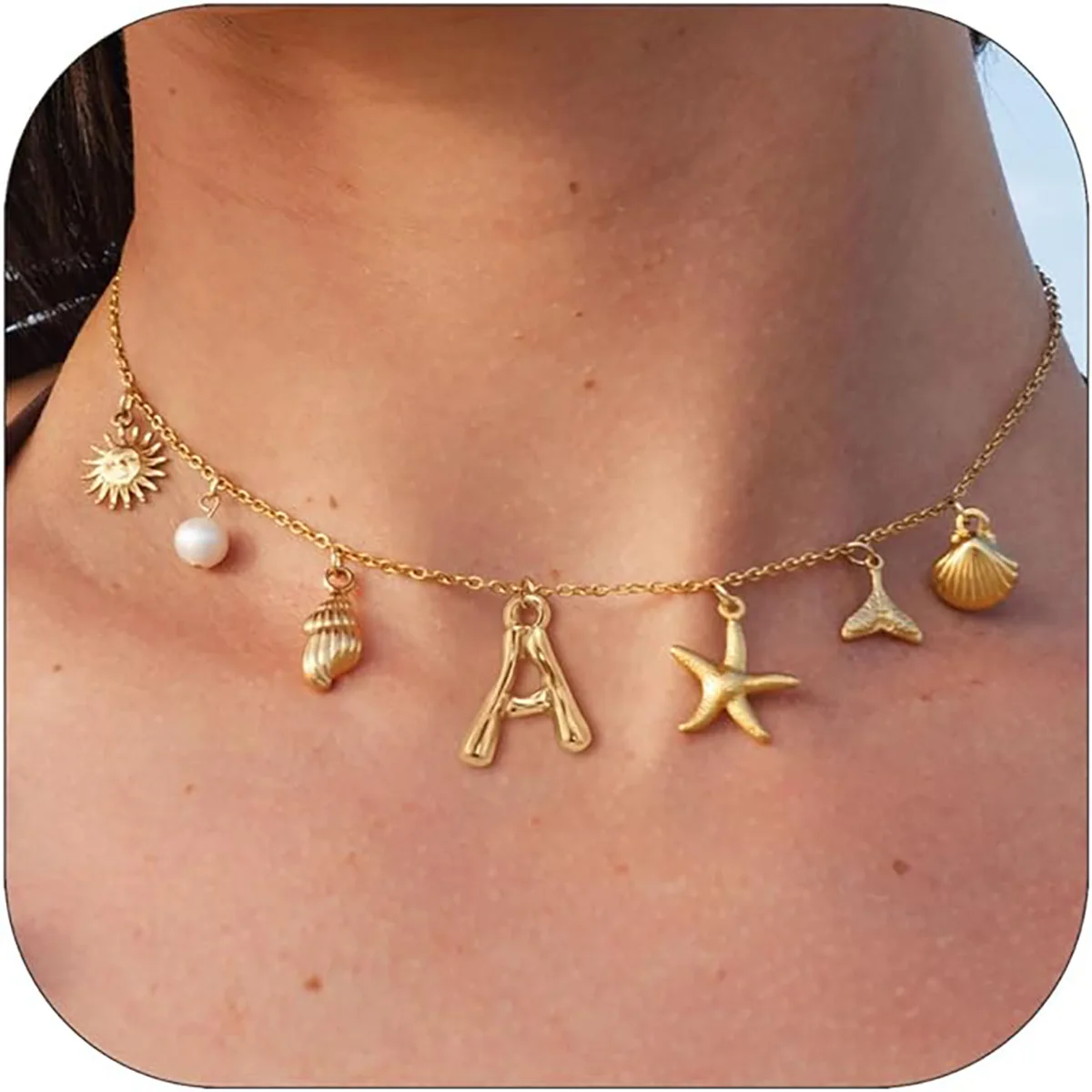 

14K Gold Plated / Silver Initial Charm Necklaces for Women Girls, A-Z Waterproof Boho Starfish Surfer Beach Choker Necklace
