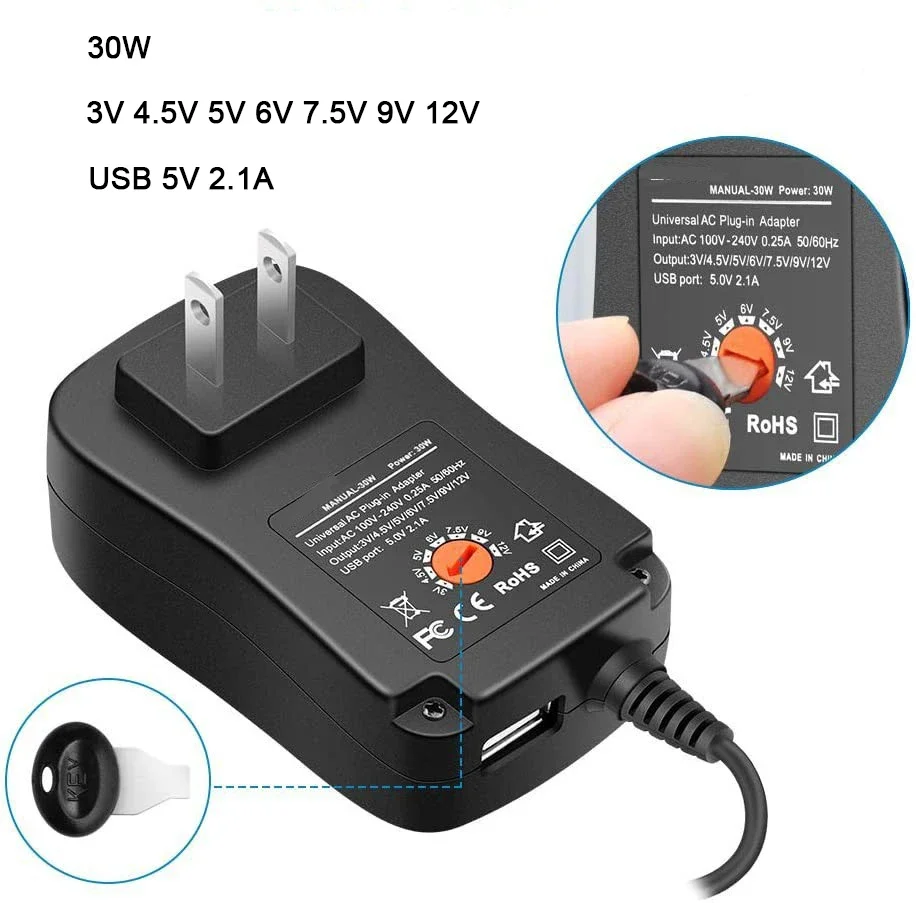 Universal Adjustable Power Adapter Charger - 30W with USB 2.1A Output for Various Voltage Settings