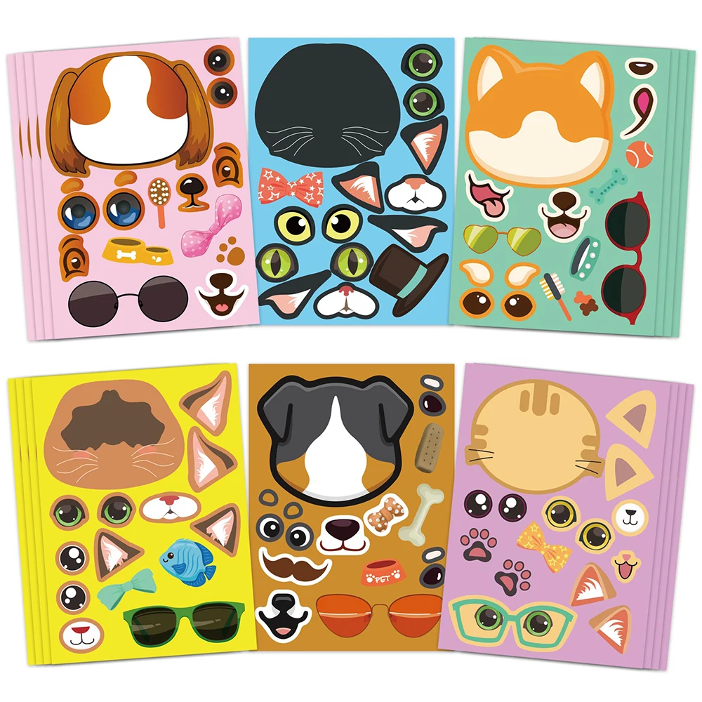 

6/12Sheets DIY Dog Cat Puzzle Sticker Make a Face Children Create Your Own Animals Kids Educational Toys Funny Game Party Gifts