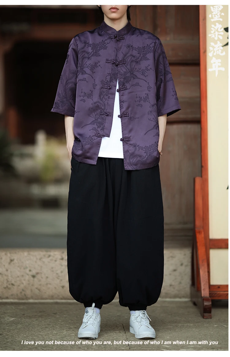 Hohe Qualität Sommer Chinesischen Traditionellen Kleid Phoenix Jacquard Hemd Männer Kleidung Eis Seide Halbe Hülse Vintage Hanfu Tops – Detail 27