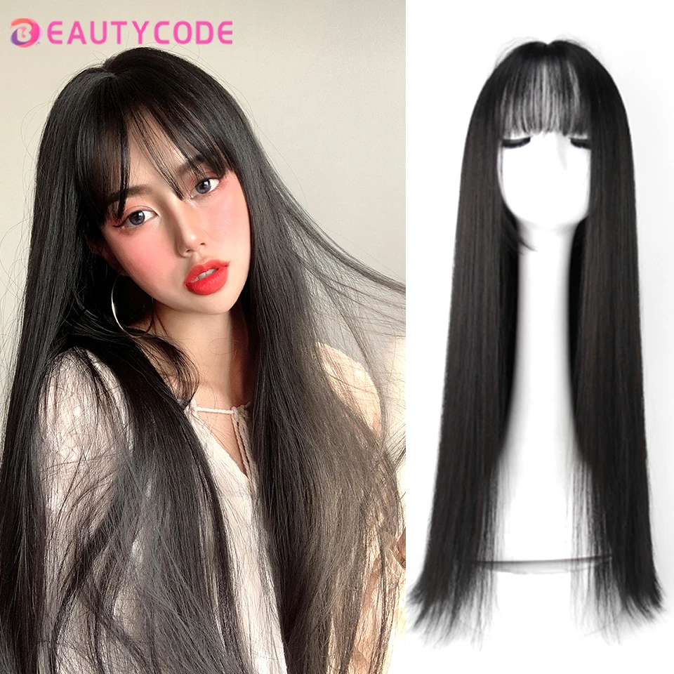 

BEAUTYCODE Women's Wigs Long Dark Brown With Bangs Synthetic Wigs Heat Resistant Water For Women African American Hair Wigs