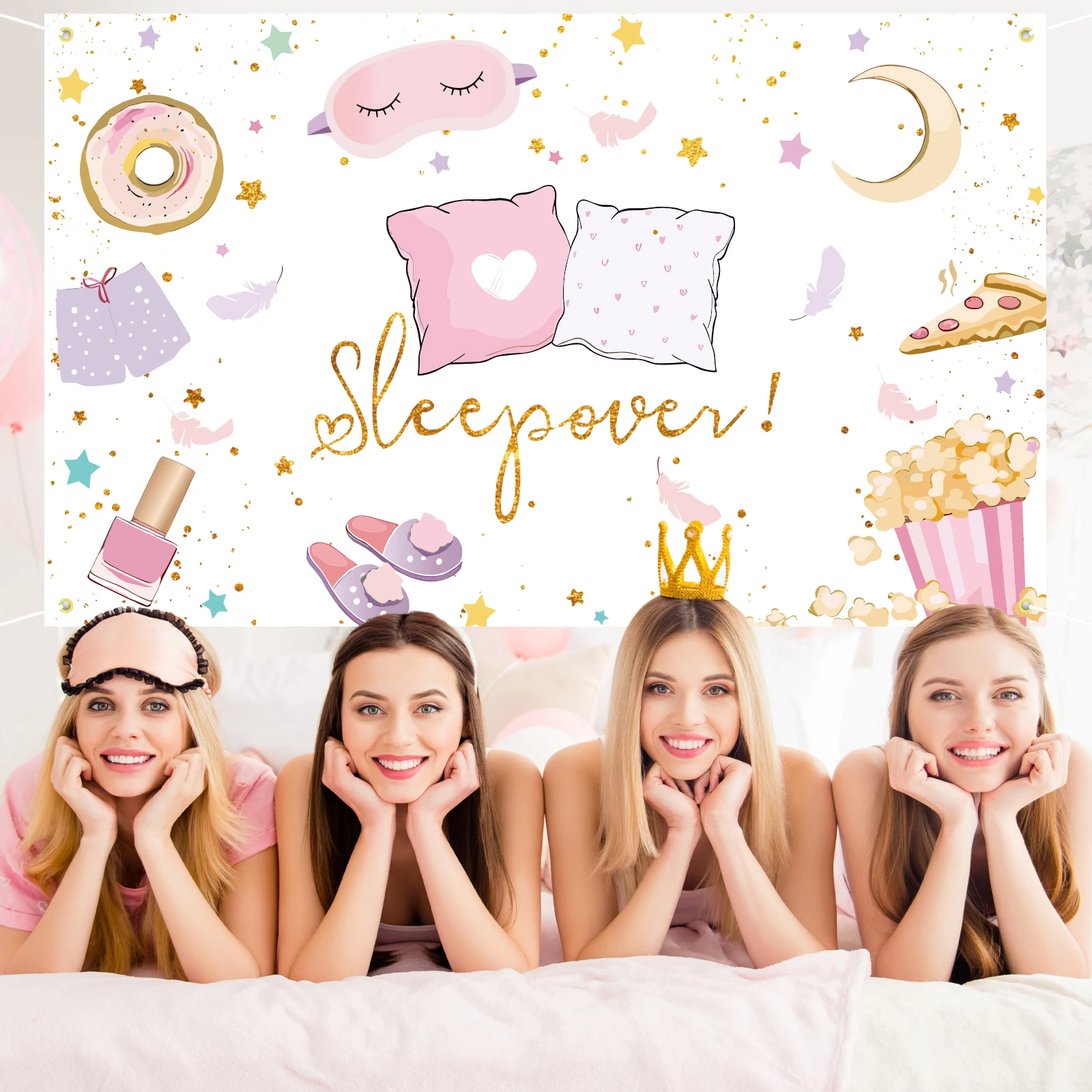 Slumber Party Backdrop for Sleepover Party Decoration Pajama Pillow Fight Photography Background Spa Makeup Birthday Banner Supp party decorations birthday banner
