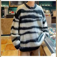 Vintage American Style Knitted Top Sweater For Men And Women Casual Crew Neck Bar Stripe Autumn Winter Angora Wool Top Stock Ava
