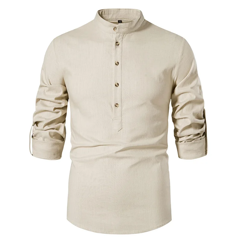 Euro Size Mens Linen Shirts Long Sleeve Button Down Solid Loose Spring Autumn Dress Henley Shirts Fashion Male Clothes