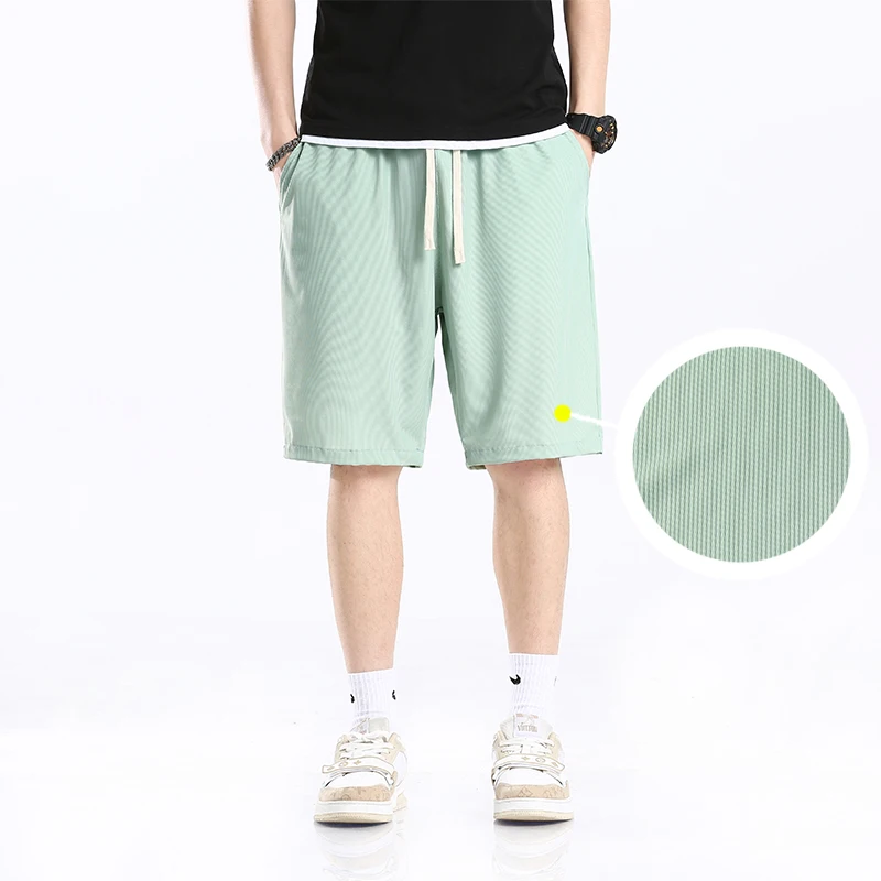 Summer Solid Color Elastic Pockets High Waist Casual Loose Men's Clothing Drawstring Knee Pants Sweatpants Straight Shorts