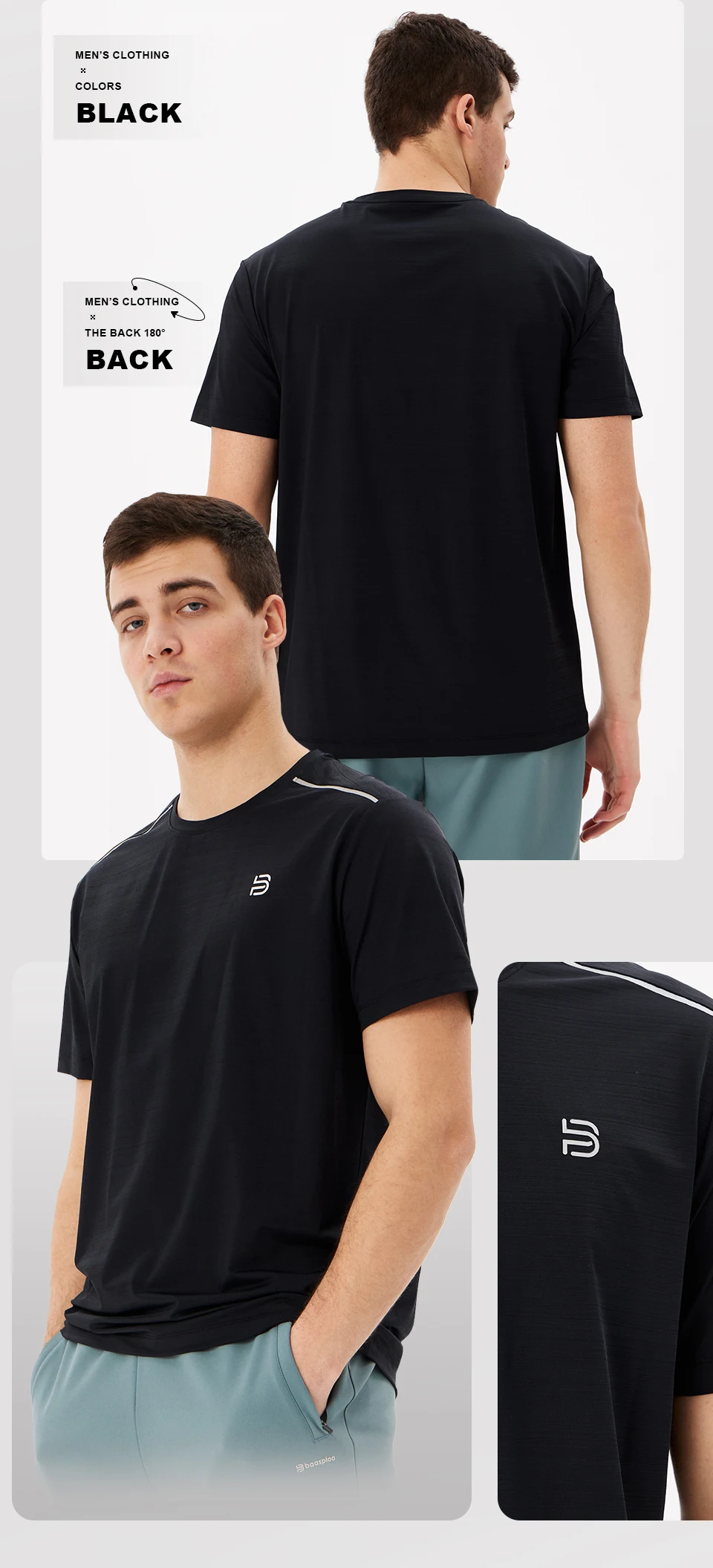 Baasploa Herren-Sport-T-Shirt, atmungsaktives Laufshirt für Herren, Markenkomfort, weich, schnell trocknend, Trainingsserie, solide Kleidung – Detail 12