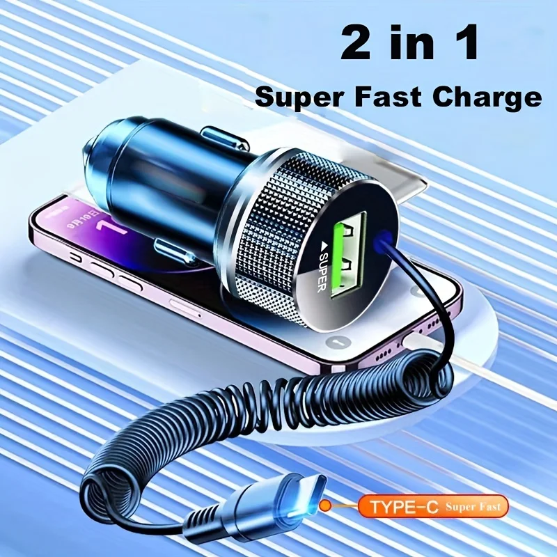 Metal USB C Car Charger with Spring Cable Super Fast Charging Adapter 12V for iPhone 15 14 13 Samsung OPPO VIVO Huawei Oneplus car phone charger phone charger adapter car charger phone charger