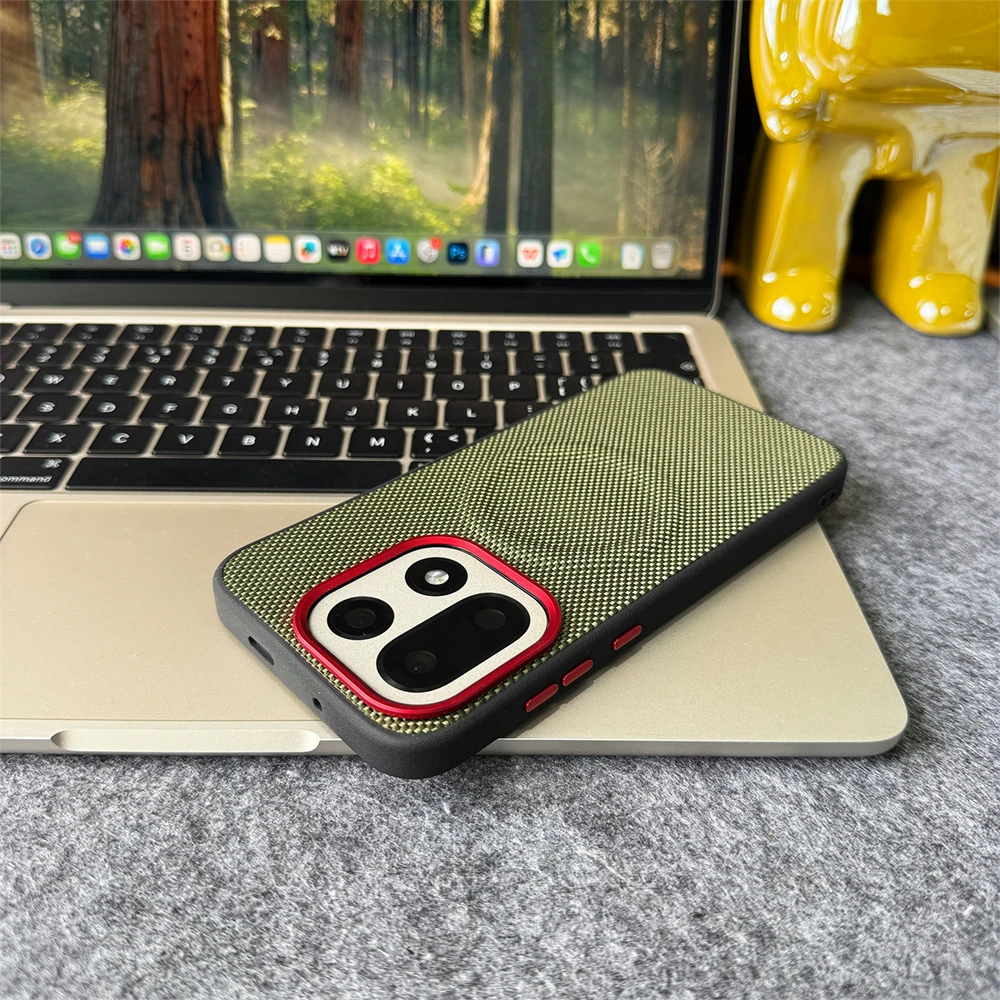 Luxury Business Nylon Woven Texture PU Leather Magnetic Wireless Charging Shockproof Case
