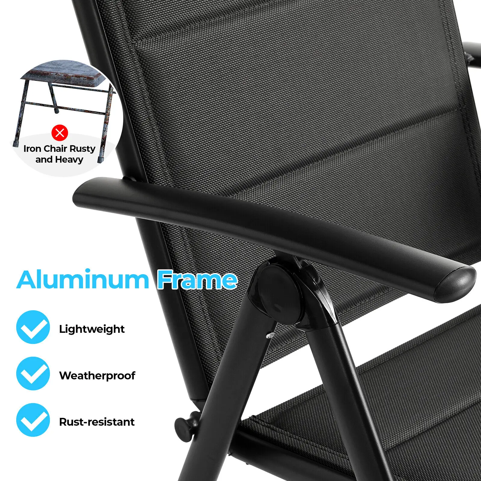 Aluminium Lounge faltbare Gartenstuhl-Rückenlehne mit 7 verstellbaren Einstellungen, mit Armlehnen, wetterfeste Outdoor-Stühle schwarz, grau – Detail 6