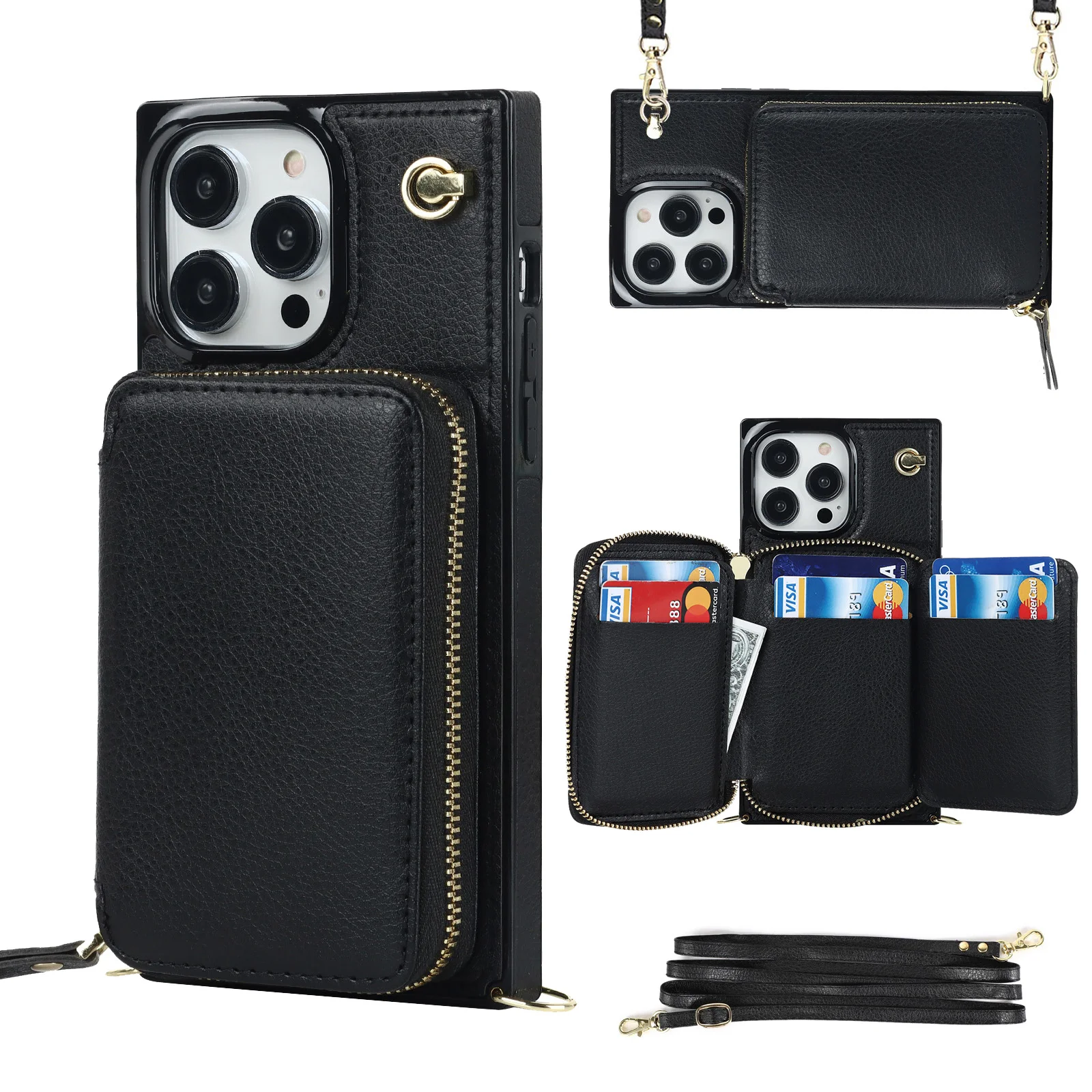 

Crossbody Card Holder Wallet Case, Leather Zipper Handbag Purse, Flip Cover, Kickstand Folio Case for iPhone 15 Pro Max 14 13 12