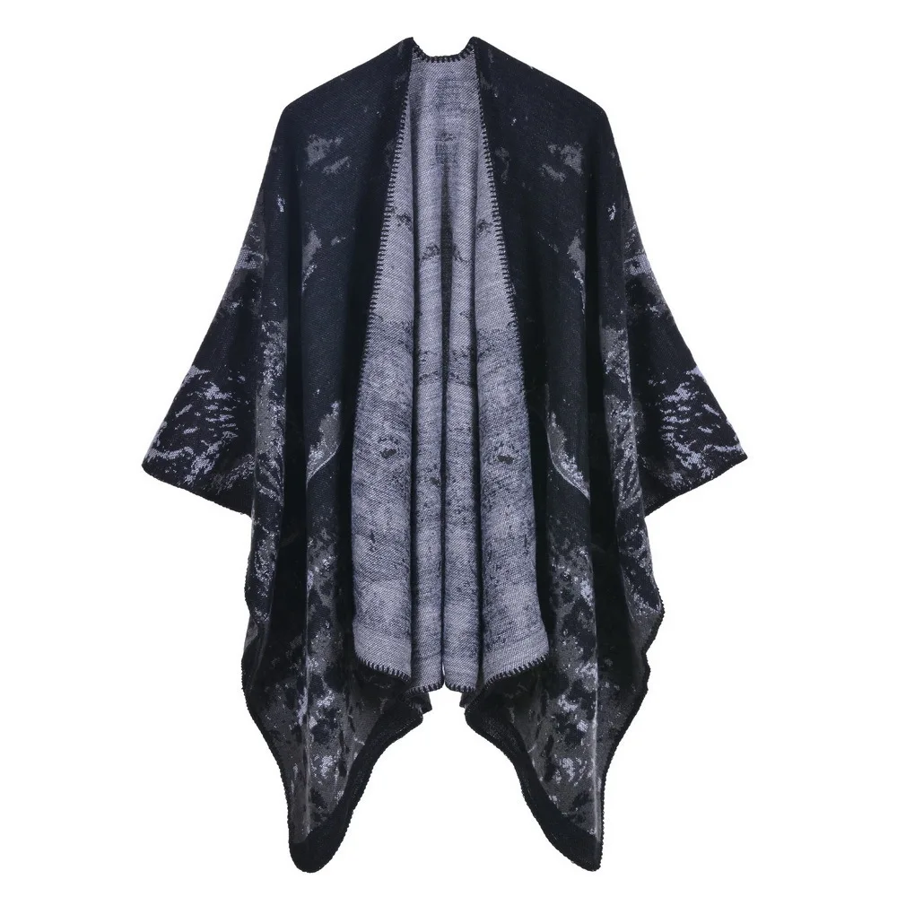

Autumn Winter Knitted Shawl Women's Warm Printing Cloak Imitation Cashmere Poncho Lady Capes Black Cloaks