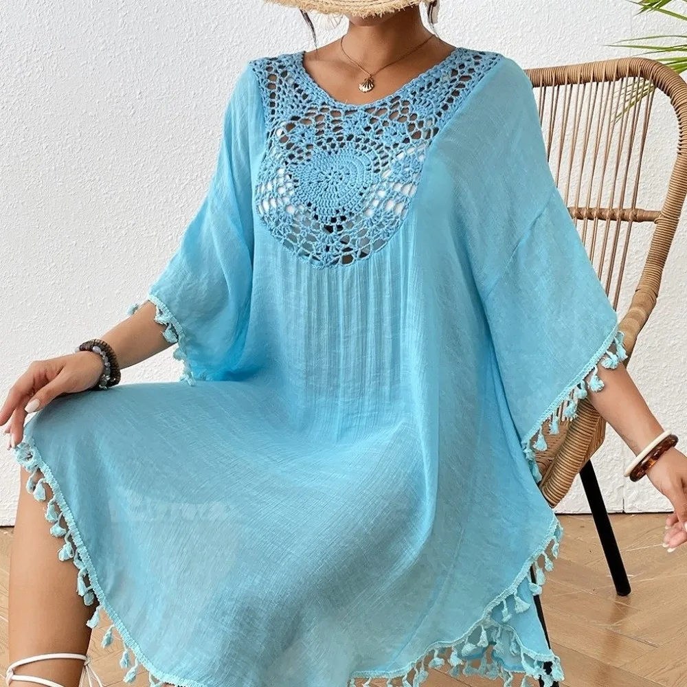 Fashion Square Neck Summer Sunscreen Smock Loose Hollow Out Swimsuit Cover Up Dress Casual Vacation Bikini Cover-Ups for Women 3