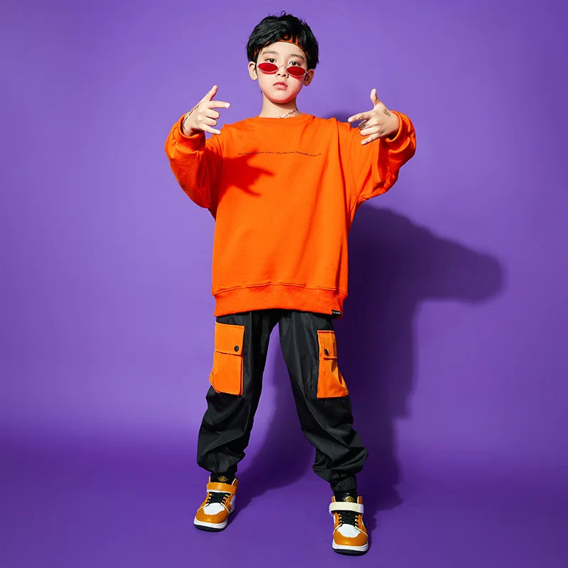 

Children's Boy's Clothing Fashion Orange Crewneck Sweatshirt Tops Black Elastic Waist Cargo Pants 2pcs Modern Jazz Dance Outfits