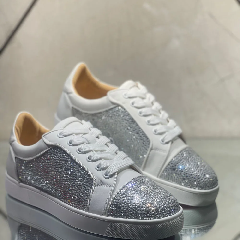 

Low Top White Diamond Genuine Leather Wedding Red Bottom Shoes For Men Casual Flats Loafers Sneaker Couple Women Crystal Spikes