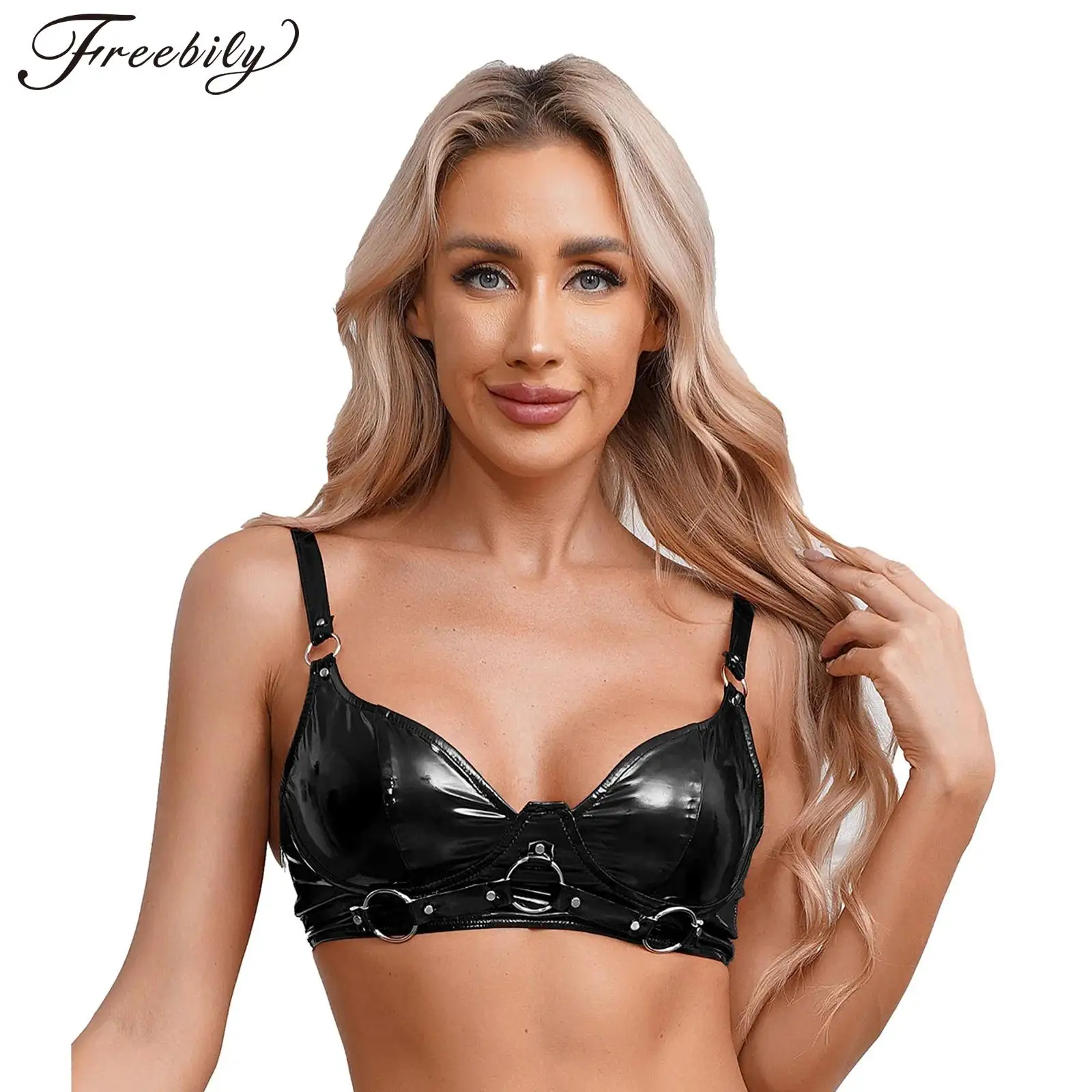 

Womens Wet Look Patent Leather Bra Top Metal O-Ring Wirefree Punk Gothic Push Up Bralette Sexy Lingerie Pole Dance Clubwear