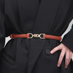 Women's Adjustable Skinny Faux Leather Belt with Vintage Golden Buckle - 88cm (Camel)