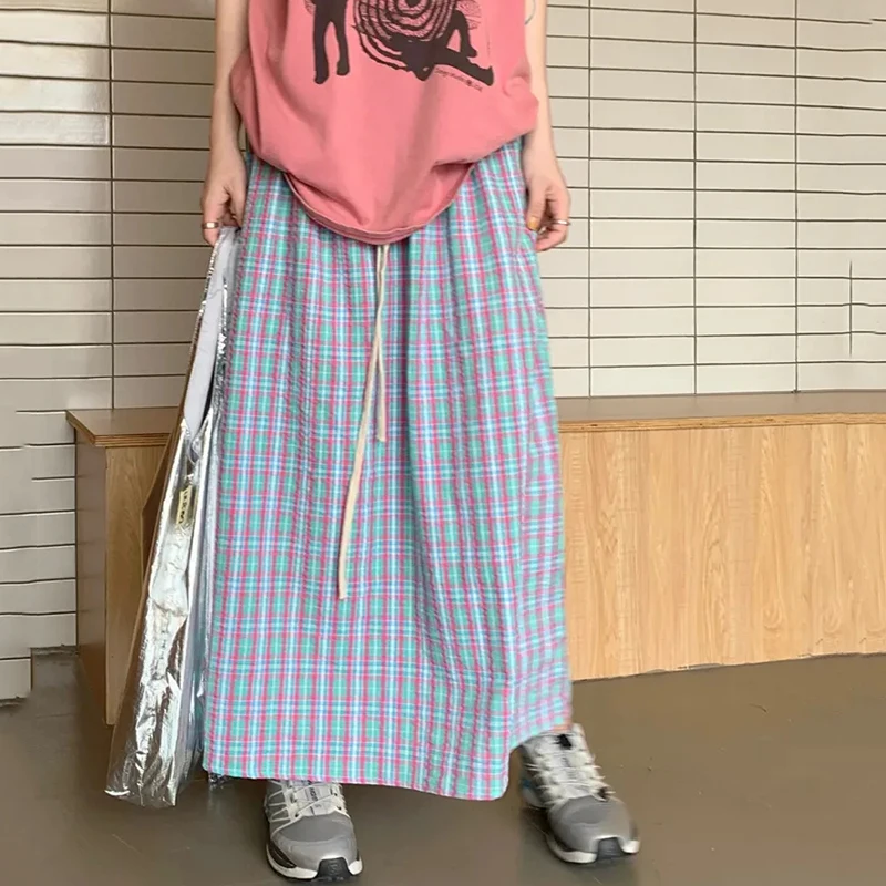 

Rimocy Korean Y2K Plaid Skirts for Women 2024 Streetwear Drawstring High Waist Long Skirt Woman Summer Loose A-Line Skirt Female