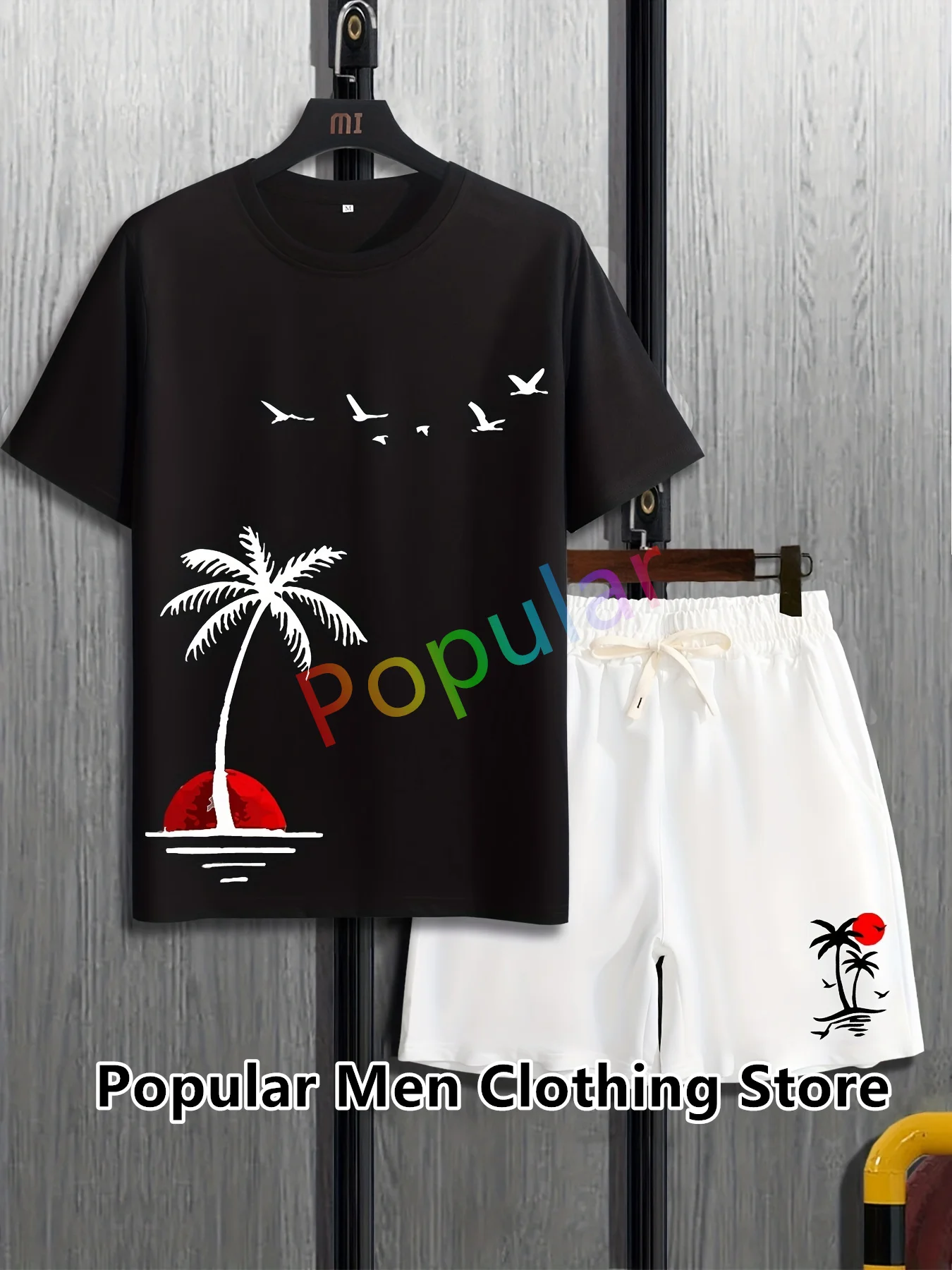 Summer Men Suit Coconut Tree Print Men Tracksuits Casual 2 Piece Set Solid Color O Neck T-Shirt Shorts Set Leisure Men Outfit