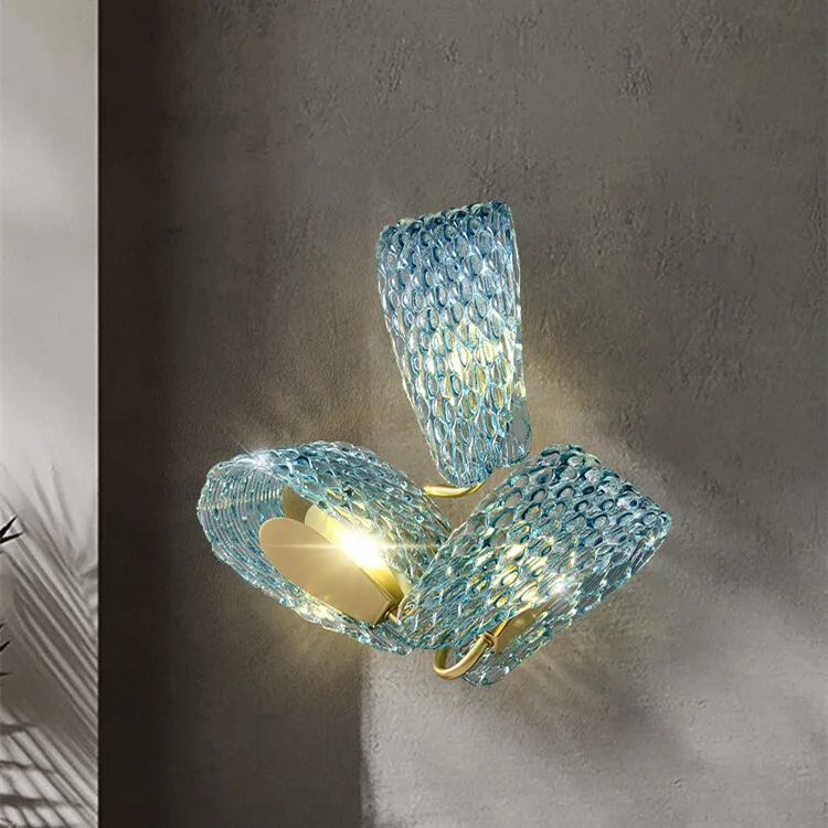 

[Flowers] Blue crystal wall lamp Luxurious creative bedroom bedside background wall modern all copper wall lamp