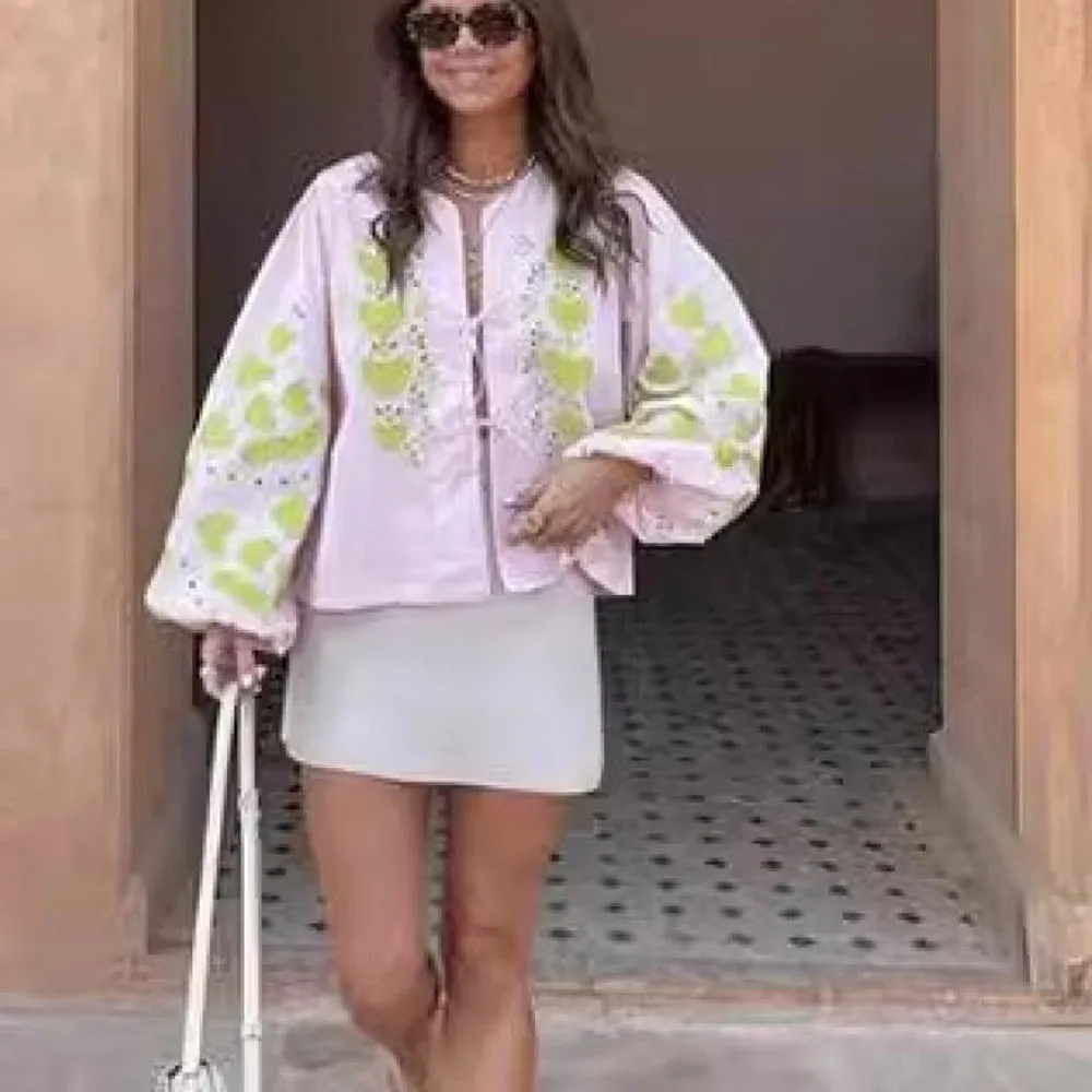 Women Embroidery Contrasting Shirts Loose Long Lantern Sleeve Single-breasted Blouses 2024 Spring Summer Lady All-Match Tops