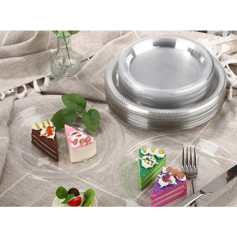 200PCS Disposable Clear Plastic Plates with Rim 9 "Dinner Plates 7 "Dessert Elegant Fancy Heavy Duty Plastic