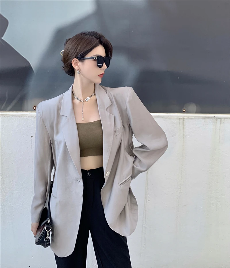 Summer Fashion Girls Blazer Long Sleeves Thin Woven Loose Coat Single Button Soft Solid Color Elegant Korean Lady Coat
